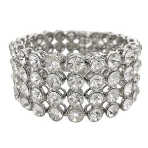 4 Row Wide Clear Rhinestone Fancy Silver Magnetic Bangle Bracelet